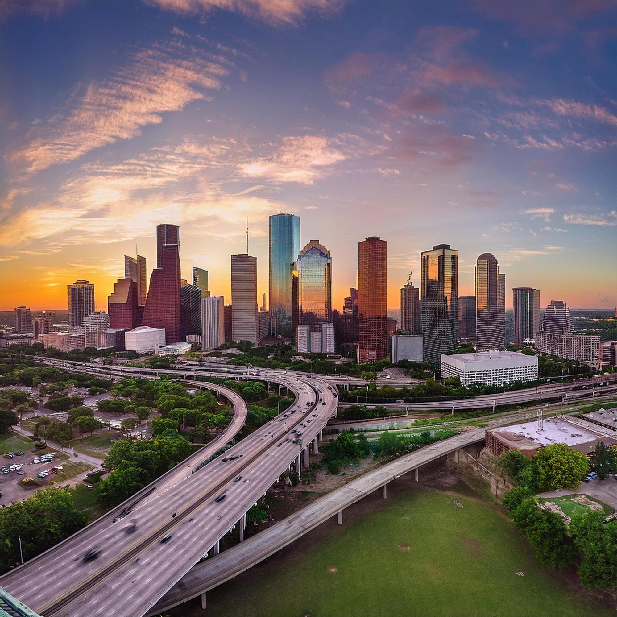 Downtown Houston, Texas skyline during sunset showing major commercial high-rises and elevated highway infrastructure.