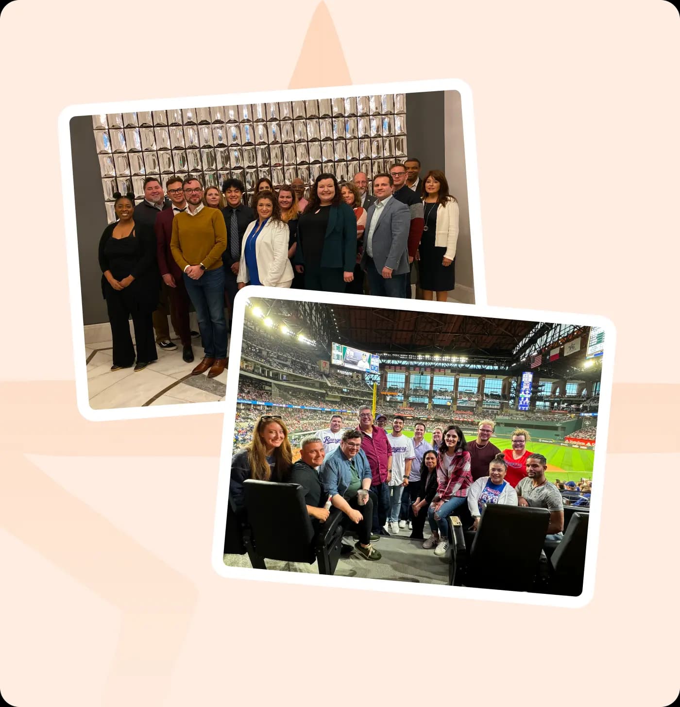Collage of two photos: the Texas Tax Protest team posing together indoors, and team members enjoying a baseball game together at a stadium.