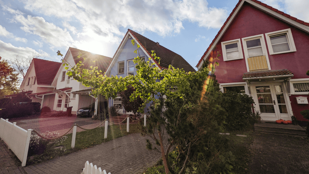 A row of family homes partially obscured by a large bush.
